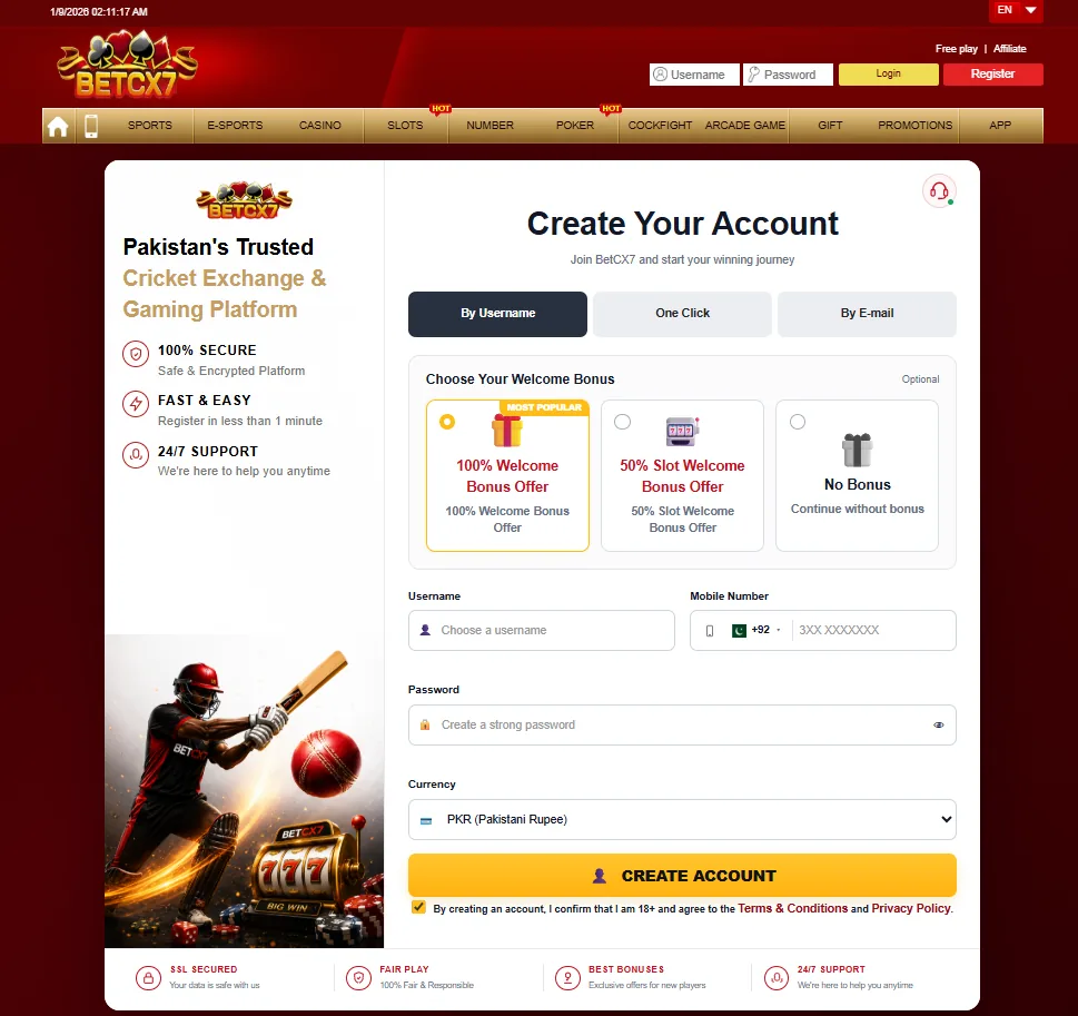 BetCX7 signup form
